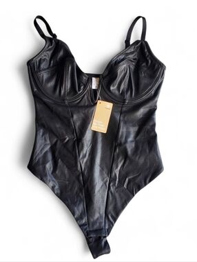 Black Faux Leather Bodysuit with Underwire Cups Medium